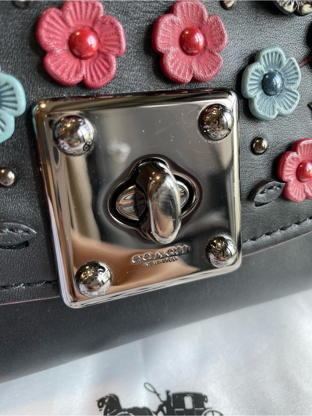 COACH Black Leather Tea Rose Drifter Crossbody with Pink & Blue Floral Appliqué - Picture 4 of 14